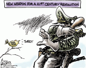 Cartoon: generaal schrikt van tweet geluid van een vogeltje op een tak. Op het vogeltje staat geschreven: social media